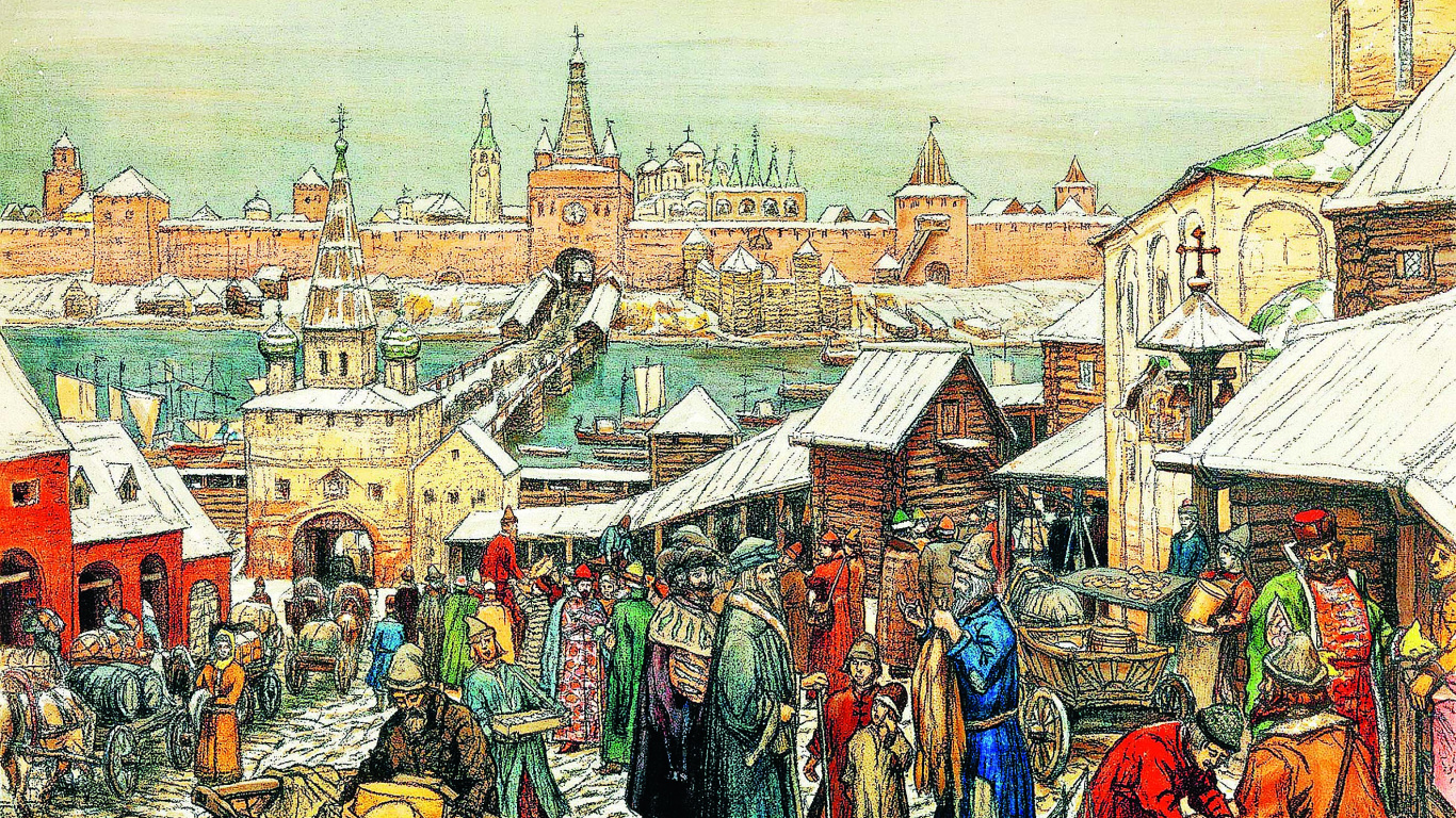 People Walking on Street Near Houses Painting. Wallpaper in 1366x768 Resolution