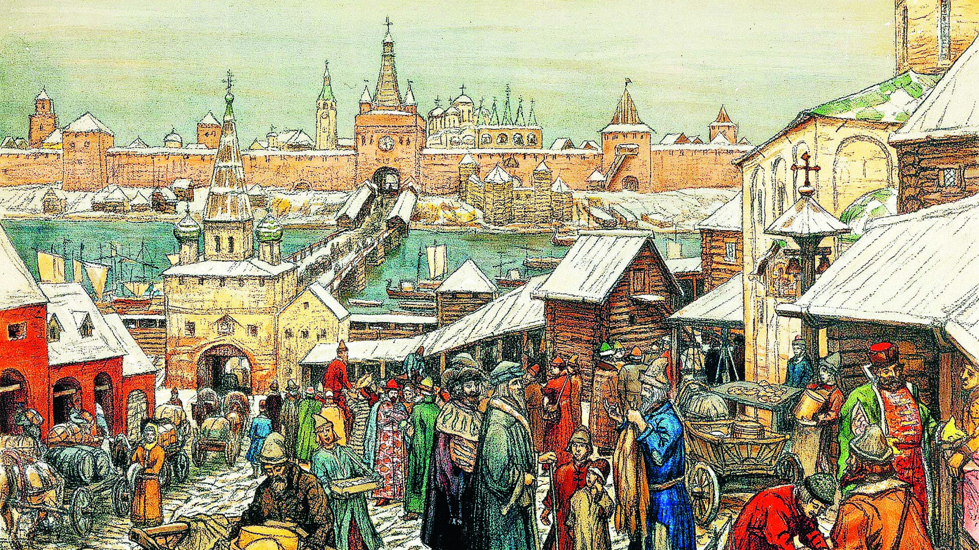 People Walking on Street Near Houses Painting. Wallpaper in 1920x1080 Resolution