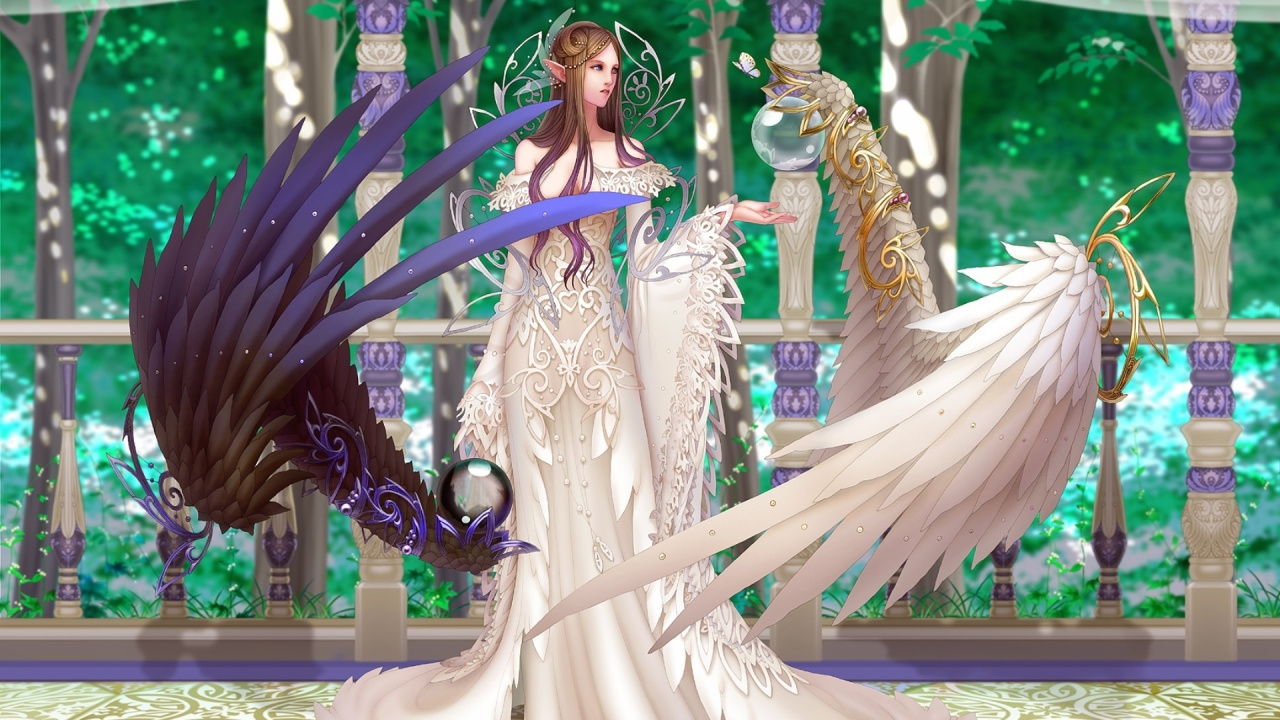 Frau in Blau-weißem Kleid Mit Weißer Flügelfigur. Wallpaper in 1280x720 Resolution