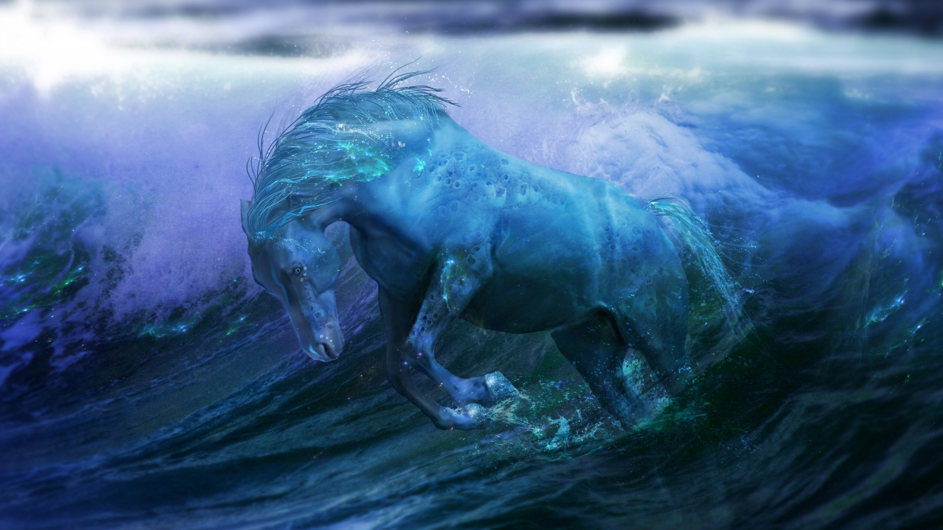 Caballo Azul y Blanco Corriendo Sobre el Agua. Wallpaper in 1920x1080 Resolution