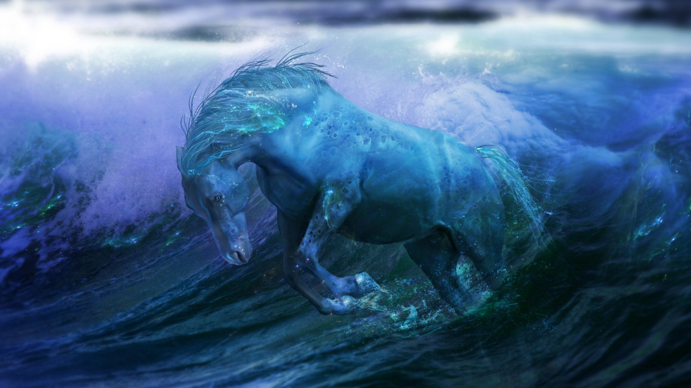 Blue and White Horse Running on Water. Wallpaper in 1366x768 Resolution