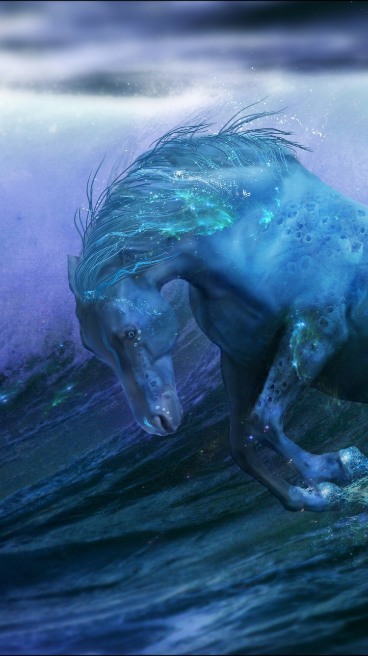 Blaues Und Weißes Pferd, Das Auf Wasser Läuft. Wallpaper in 750x1334 Resolution