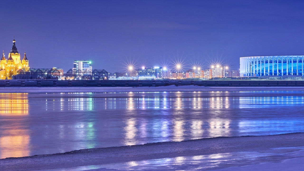 Reflection, Nizhny Novgorod Stadium, Volga River, Water, Water Resources. Wallpaper in 1280x720 Resolution