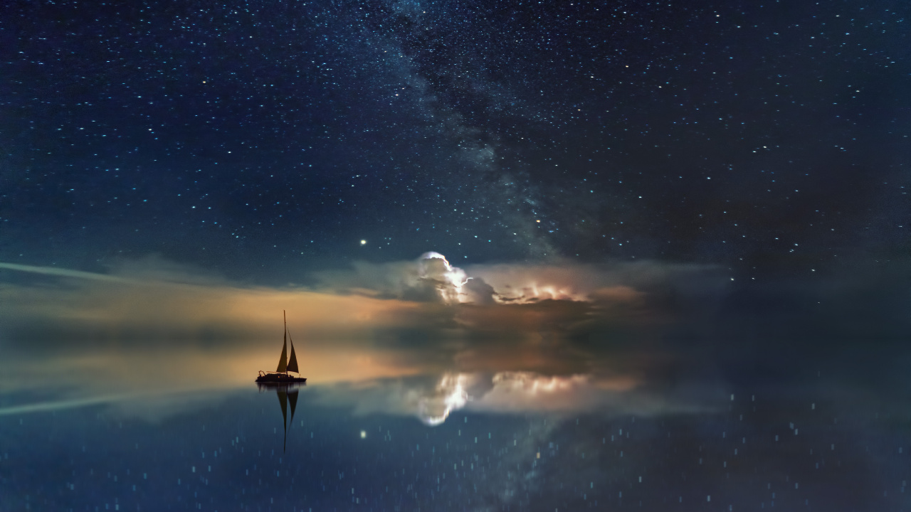 Silhouette of Person Standing on Boat on Water Under Starry Night. Wallpaper in 1280x720 Resolution