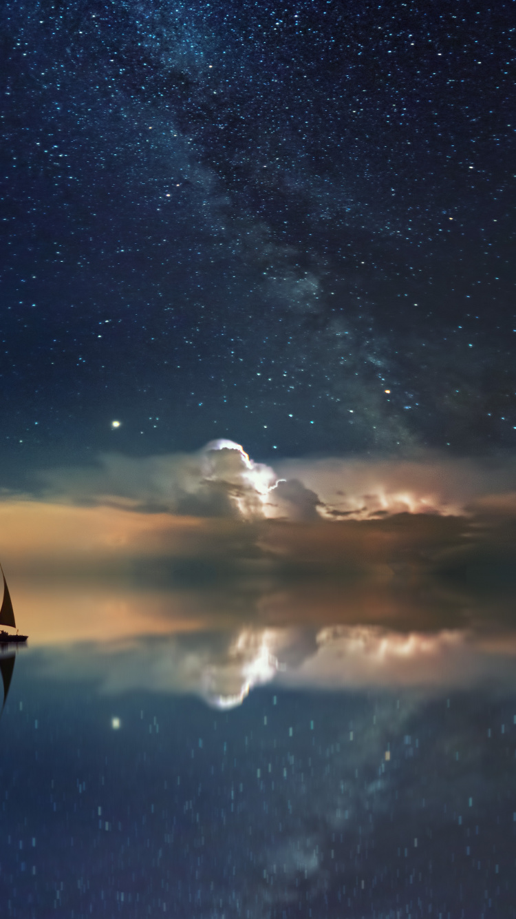 Silhouette of Person Standing on Boat on Water Under Starry Night. Wallpaper in 750x1334 Resolution