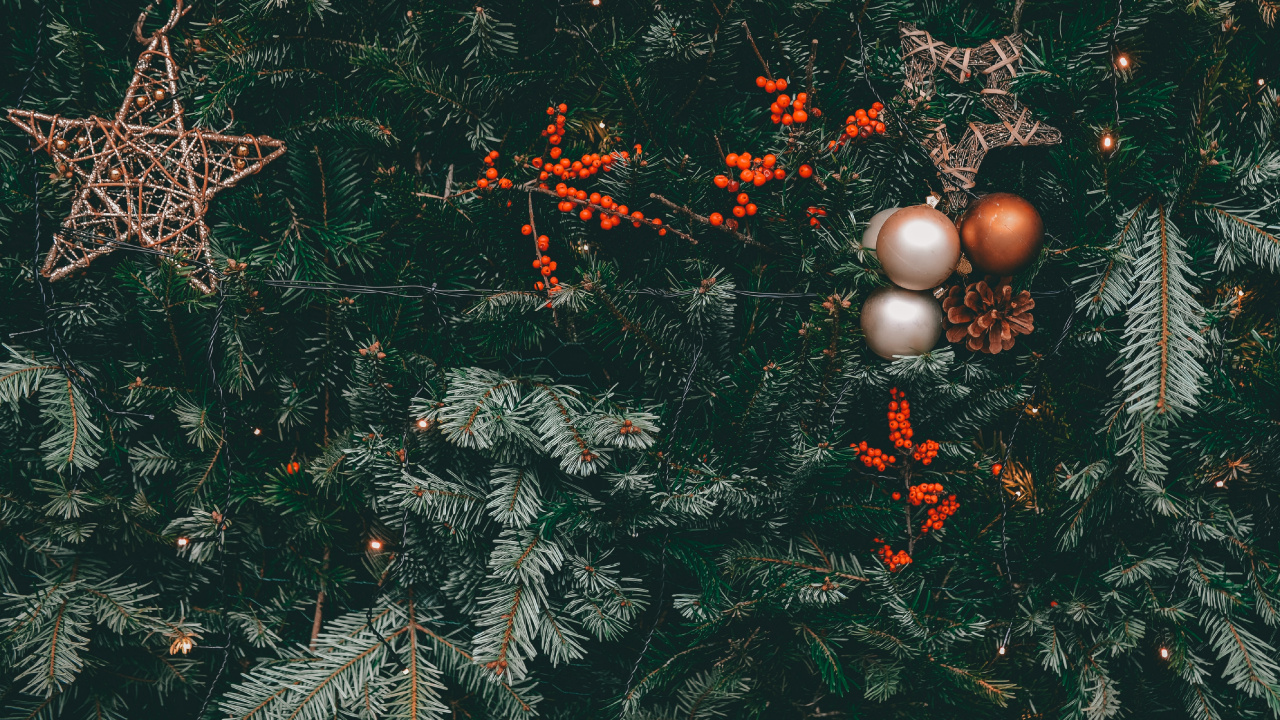 Gold Baubles on Green Pine Tree. Wallpaper in 1280x720 Resolution