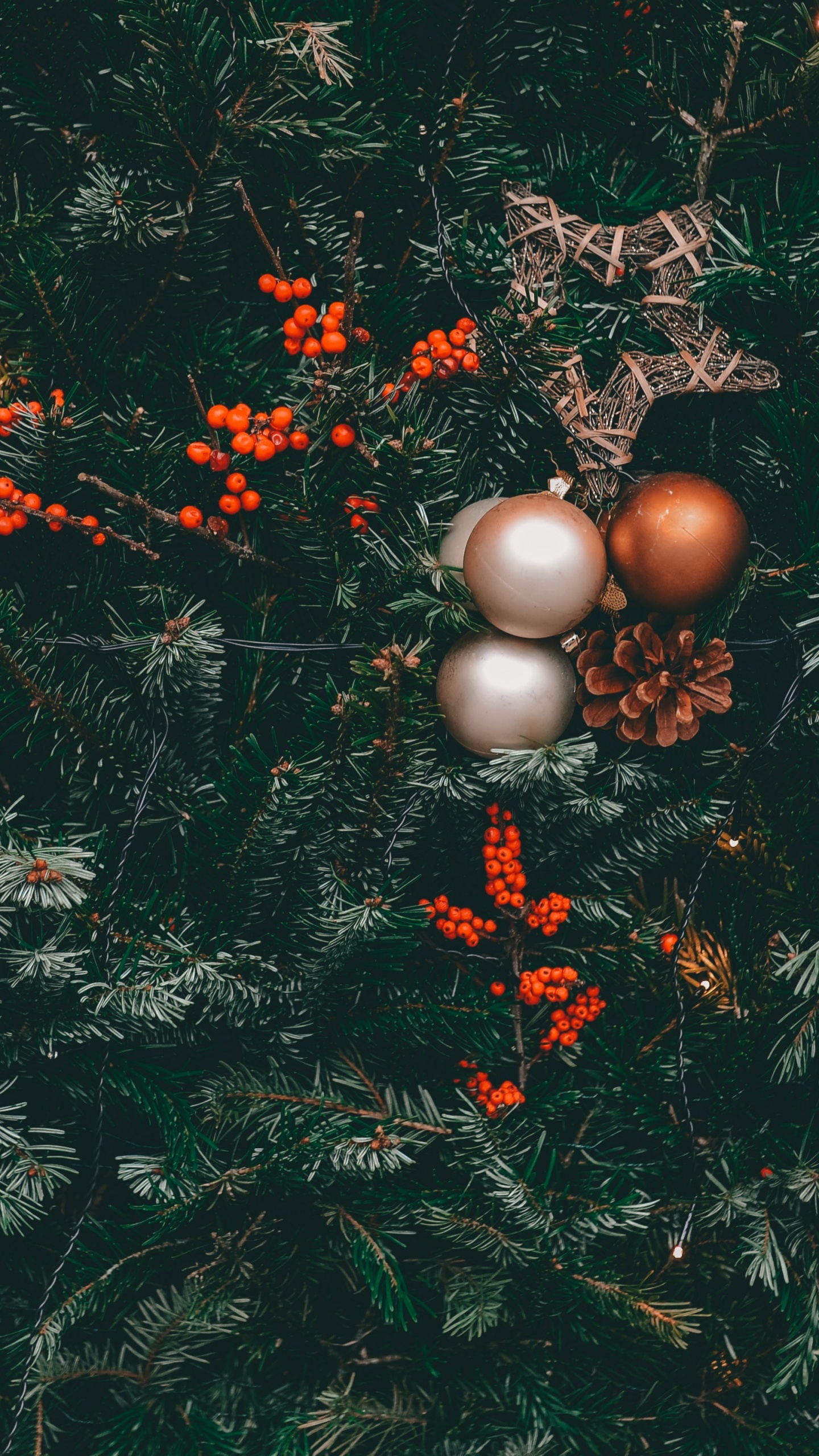 Gold Baubles on Green Pine Tree. Wallpaper in 1440x2560 Resolution