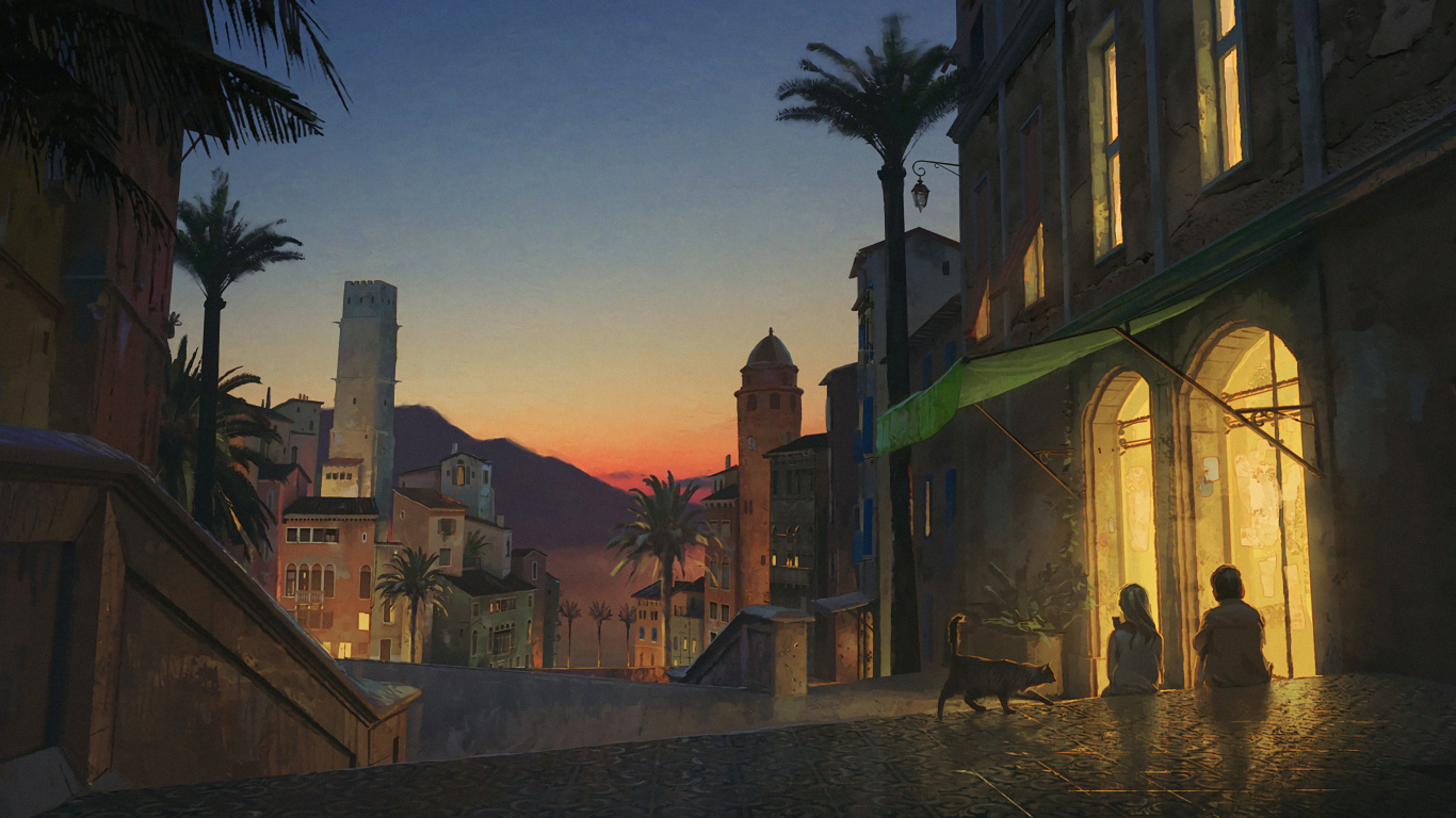 Braune Holzbank in Der Nähe Von Grünen Bäumen Bei Sonnenuntergang. Wallpaper in 1366x768 Resolution