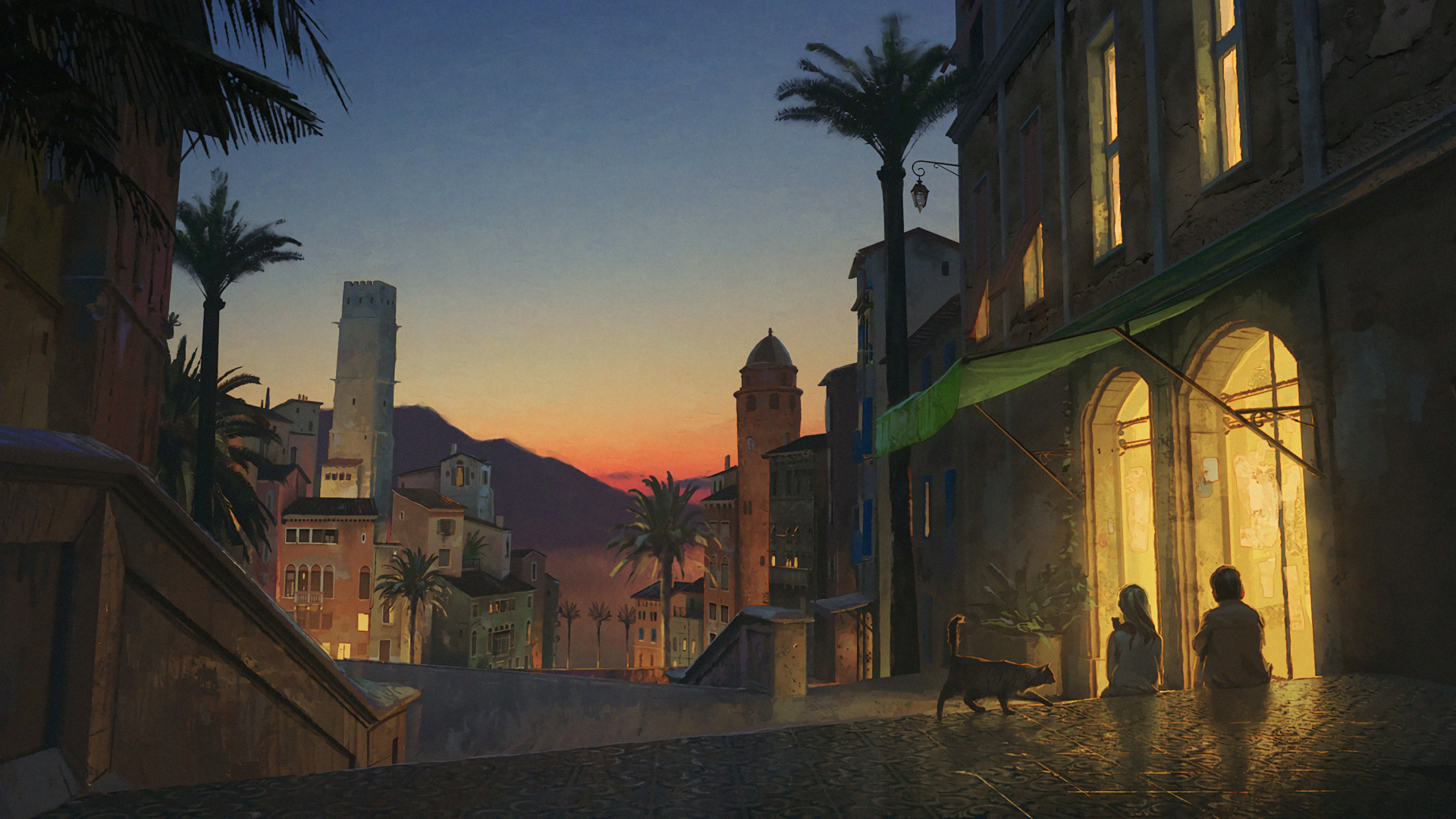 Banc en Bois Marron Près Des Arbres Verts Pendant le Coucher du Soleil. Wallpaper in 1920x1080 Resolution