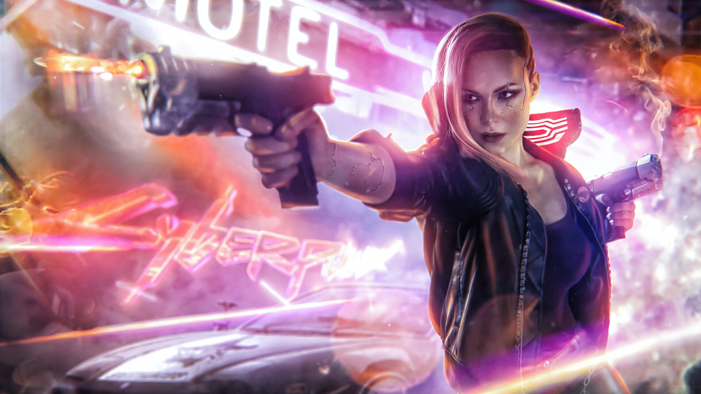 Cyberpunk 2077, Cyberpunk, Purple, Red, Entertainment. Wallpaper in 1366x768 Resolution