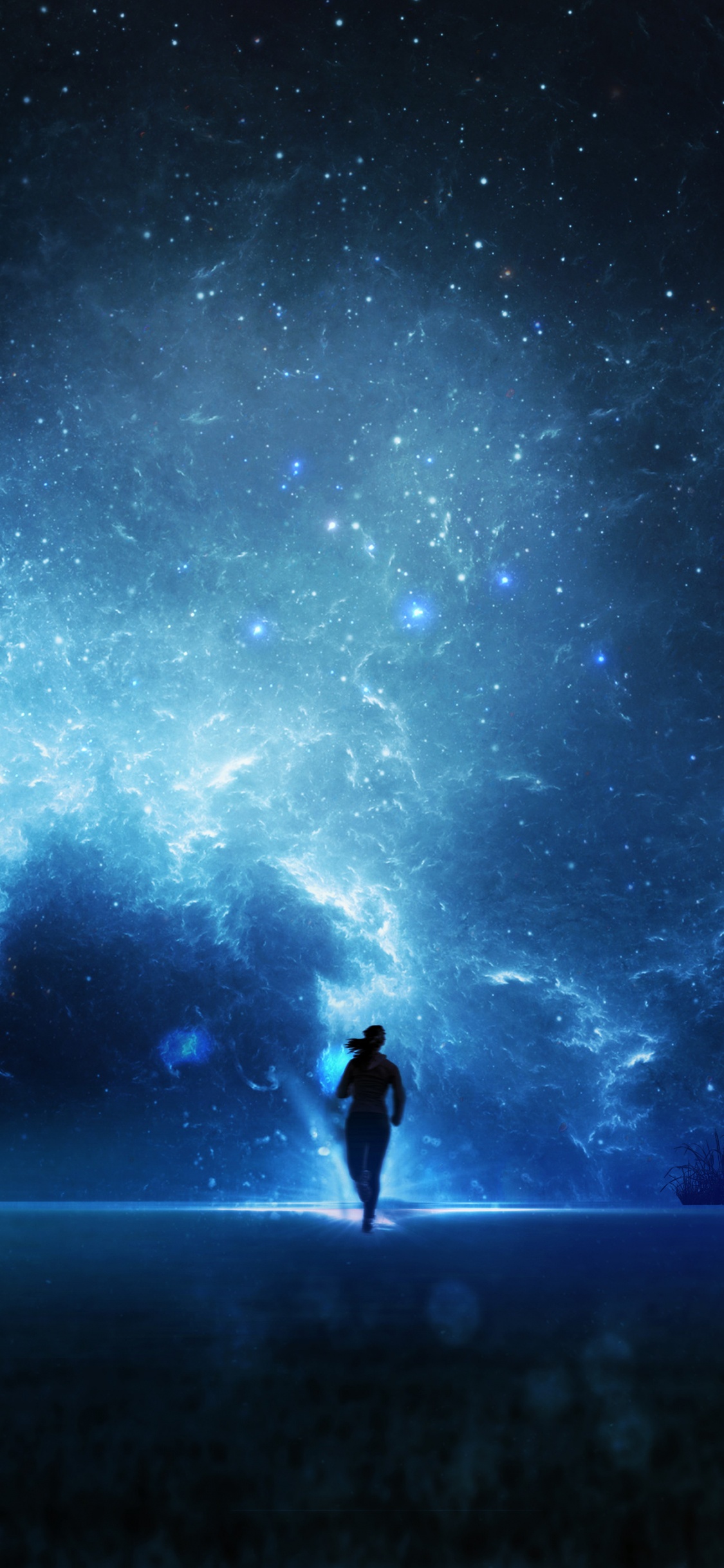 Man in Black Jacket and Pants Standing on Black Rock Under Starry Night. Wallpaper in 1125x2436 Resolution
