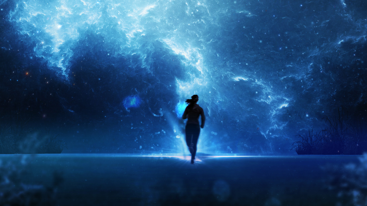 Man in Black Jacket and Pants Standing on Black Rock Under Starry Night. Wallpaper in 1280x720 Resolution