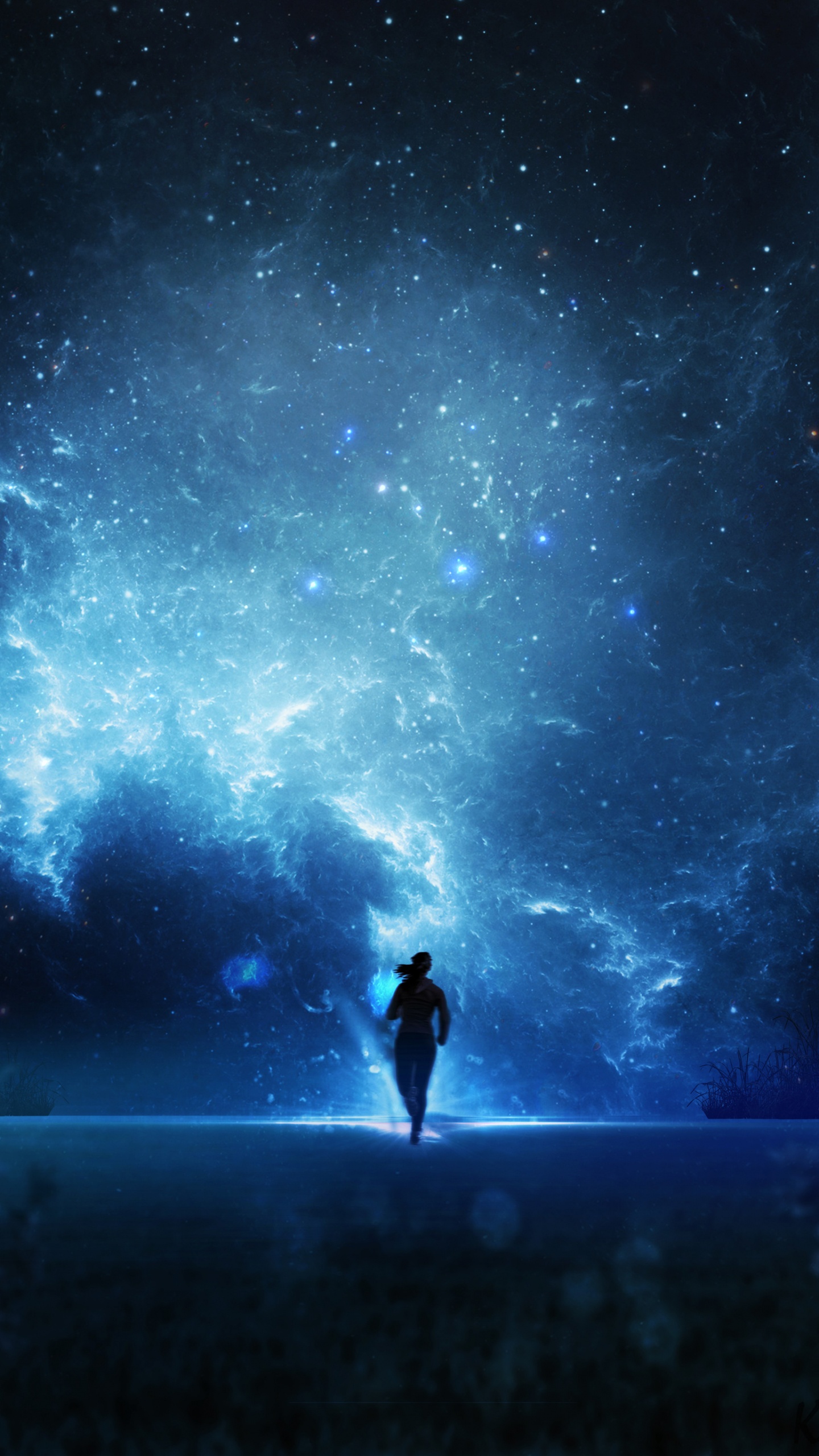 Man in Black Jacket and Pants Standing on Black Rock Under Starry Night. Wallpaper in 1440x2560 Resolution