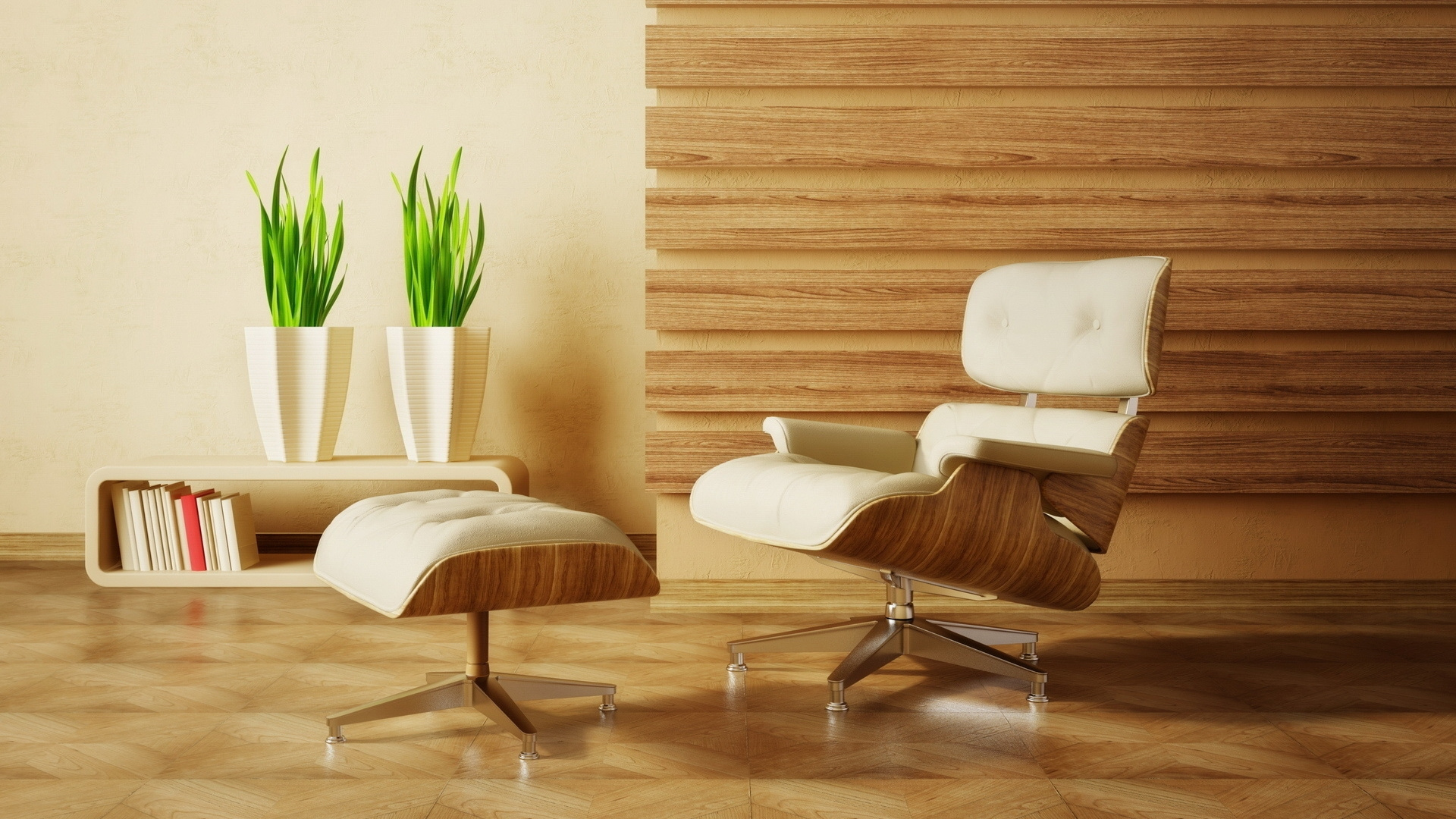 Weißer Lederstuhl Neben Grüner Topfpflanze. Wallpaper in 1920x1080 Resolution