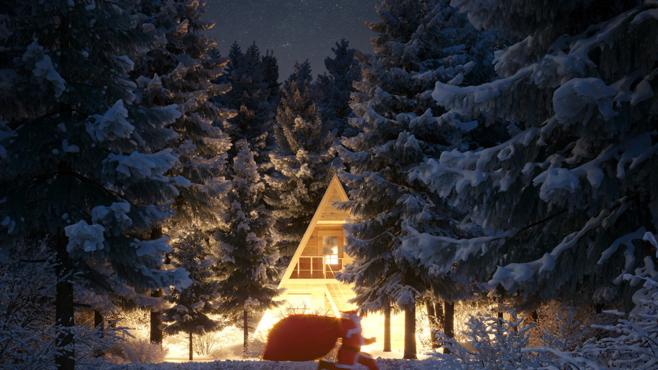 Braunes Holzhaus Mitten in Schneebedeckten Kiefern Während Der Nacht. Wallpaper in 1280x720 Resolution