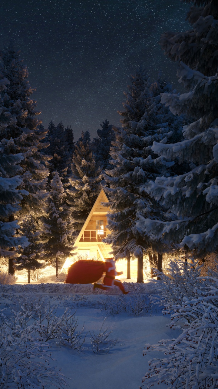 Braunes Holzhaus Mitten in Schneebedeckten Kiefern Während Der Nacht. Wallpaper in 720x1280 Resolution