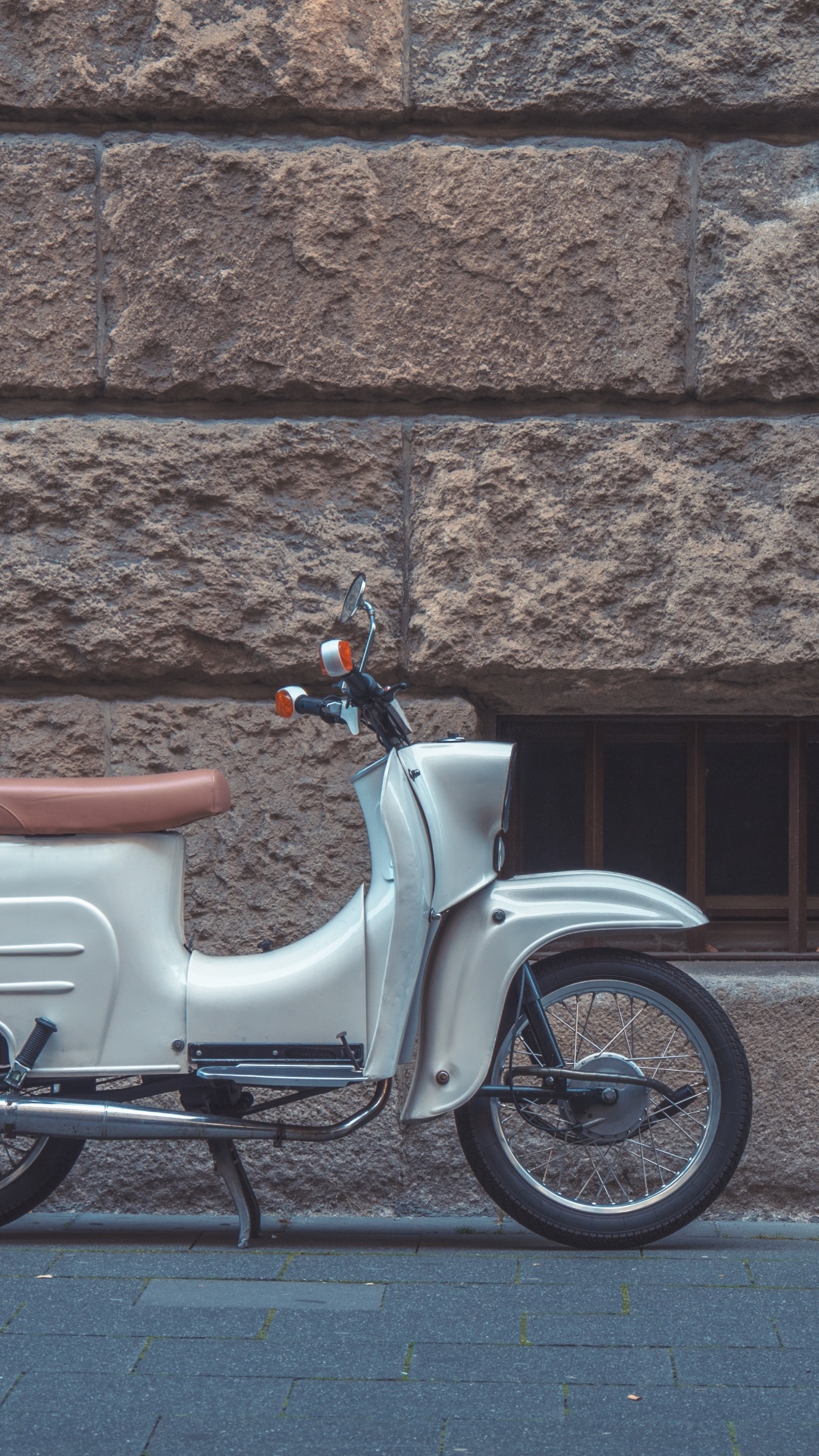 White and Brown Motor Scooter Parked Beside Brown Brick Wall. Wallpaper in 1080x1920 Resolution