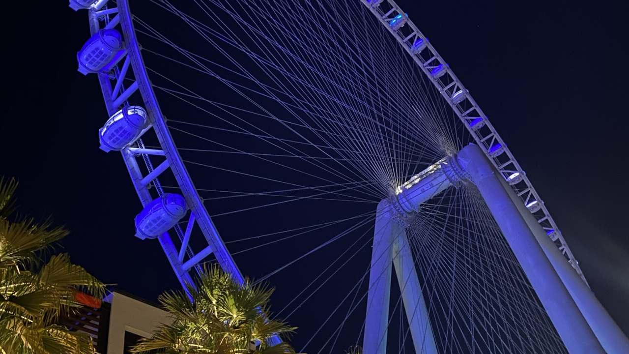 Dubai, Ferris Wheel, Night, Blue, Urban Area. Wallpaper in 1280x720 Resolution