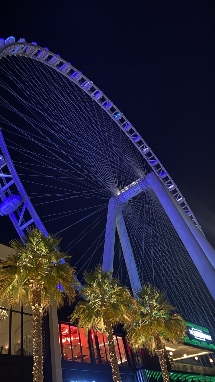 Dubai, Riesenrad, Nacht, Blau, Stadtgebiet. Wallpaper in 750x1334 Resolution