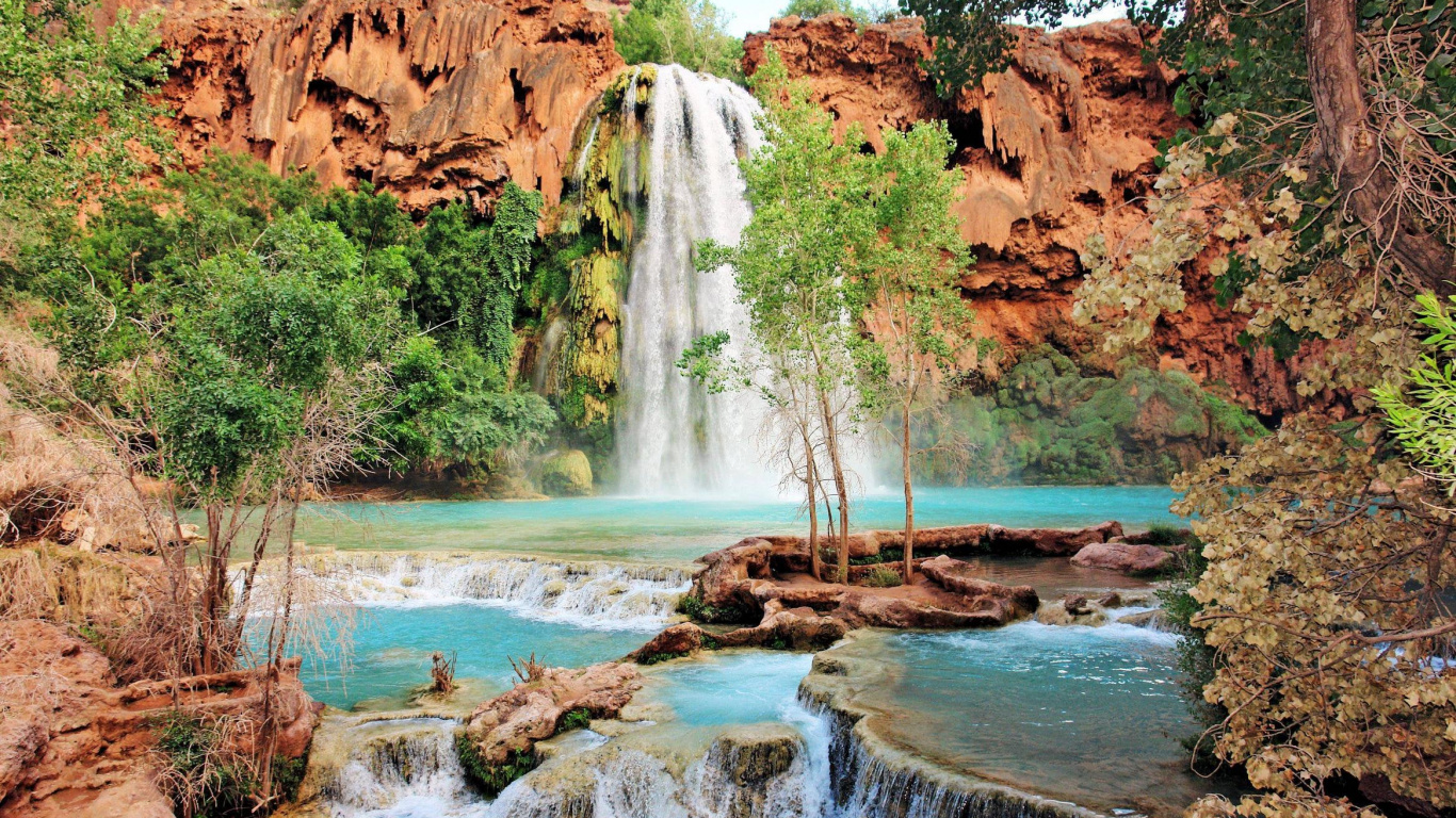 Cascada, Barranca, Havasu Creek, Supai, Cataratas Primaverales. Wallpaper in 1366x768 Resolution