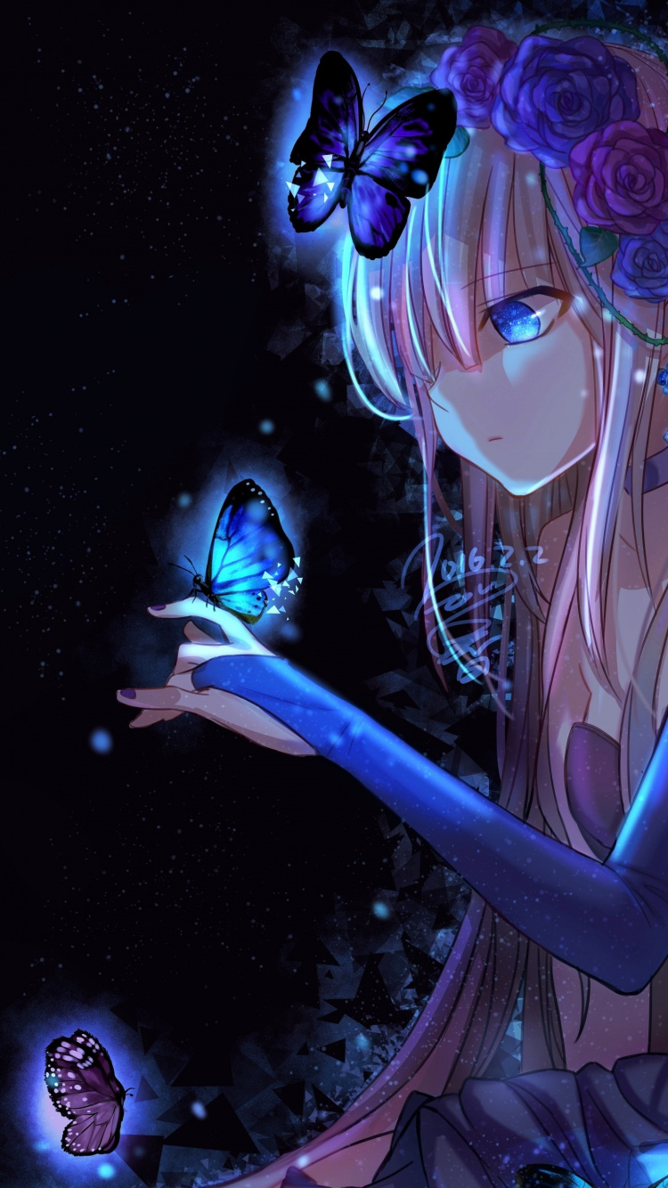 Butterfly Anime Girl, Anime, Cartoon, Purple, Entertainment. Wallpaper in 750x1334 Resolution