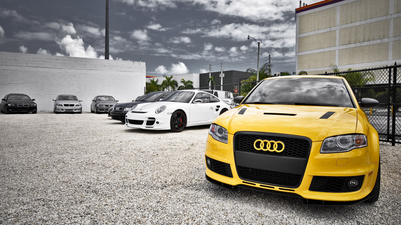 Yellow and White Bmw m 3 Parked on Parking Lot. Wallpaper in 1366x768 Resolution