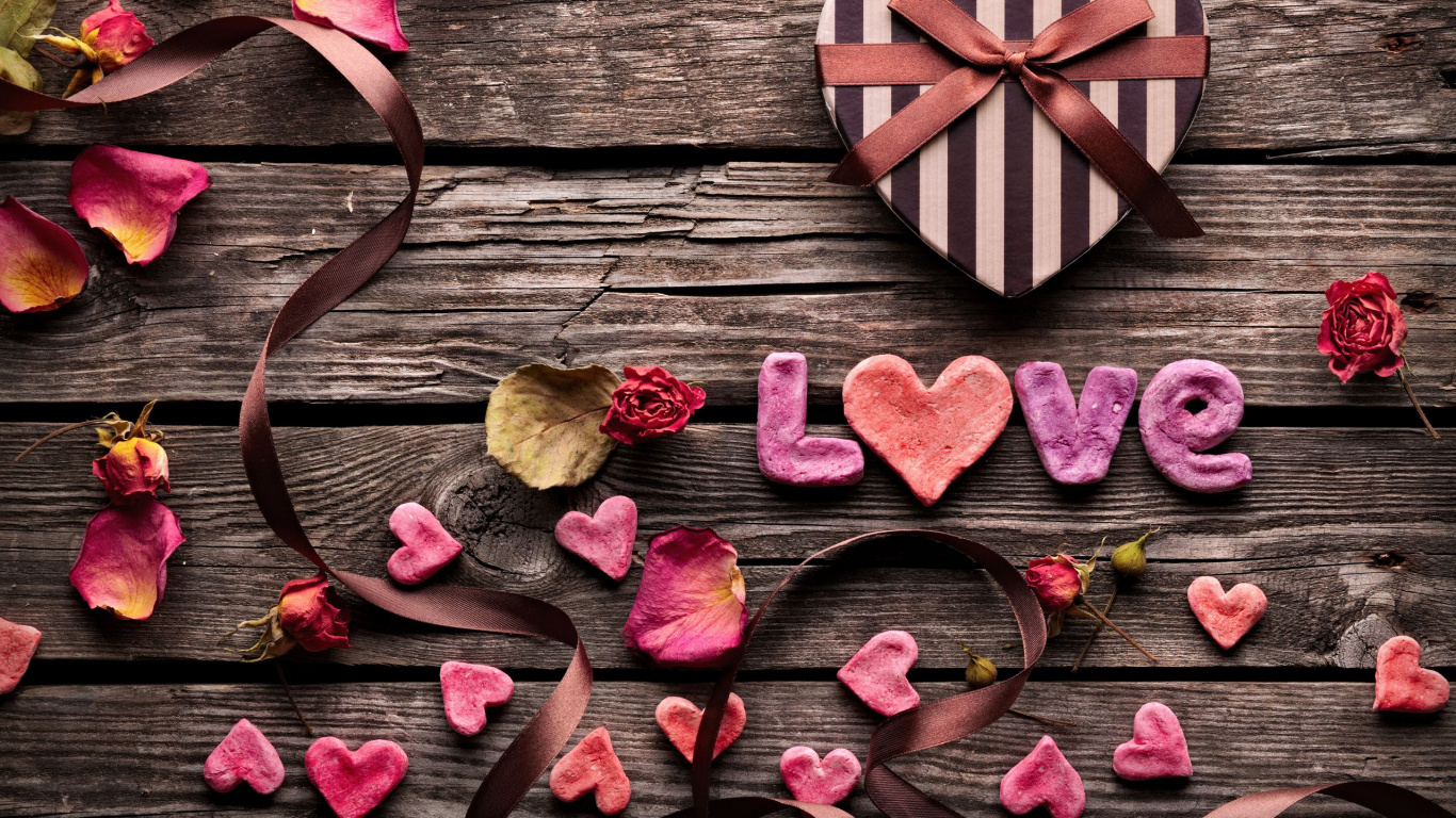 Herzen, Pink, Liebe, Blütenblatt, Valentines Tag. Wallpaper in 1366x768 Resolution