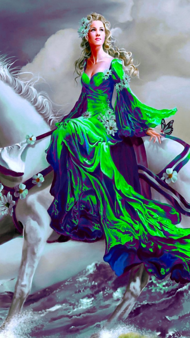 Femme en Robe Verte Chevauchant un Cheval Blanc. Wallpaper in 720x1280 Resolution