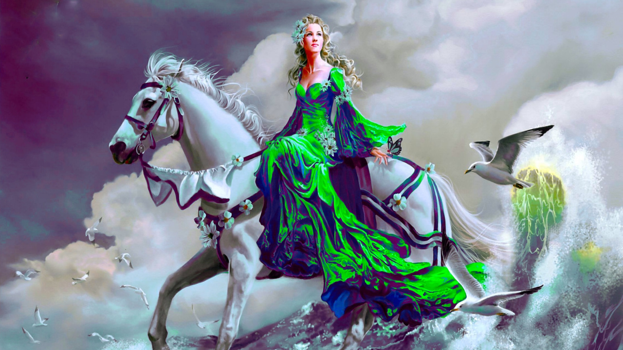 Woman in Green Dress Riding White Horse. Wallpaper in 1280x720 Resolution