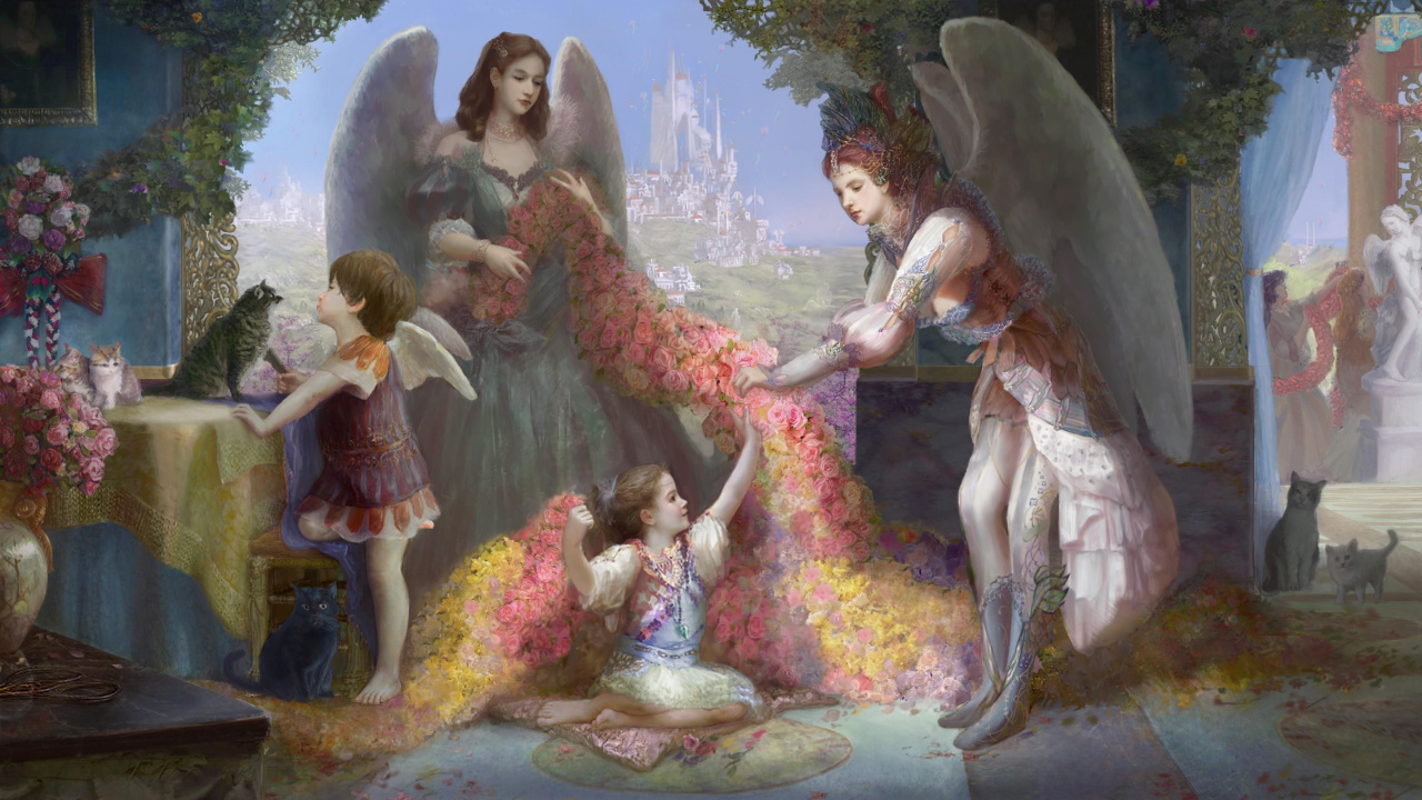 Fille en Robe Blanche et Rouge Debout à Côté de la Peinture de Fille en Robe Blanche. Wallpaper in 1280x720 Resolution