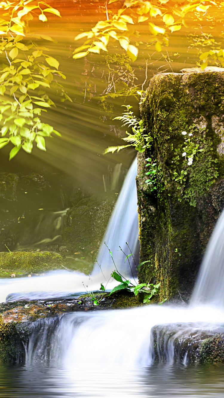 Wasser Fällt Inmitten Von Grünen, Moosbedeckten Felsen. Wallpaper in 750x1334 Resolution