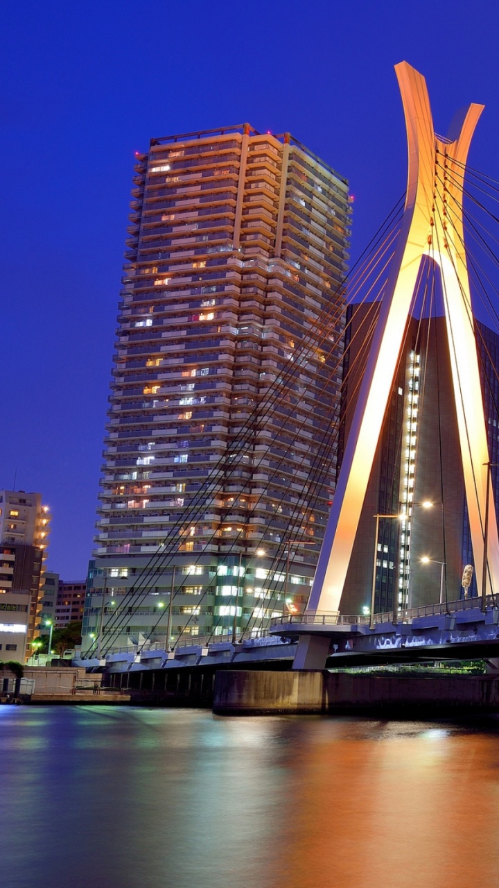 Bridge Over Water Near High Rise Building During Night Time. Wallpaper in 720x1280 Resolution