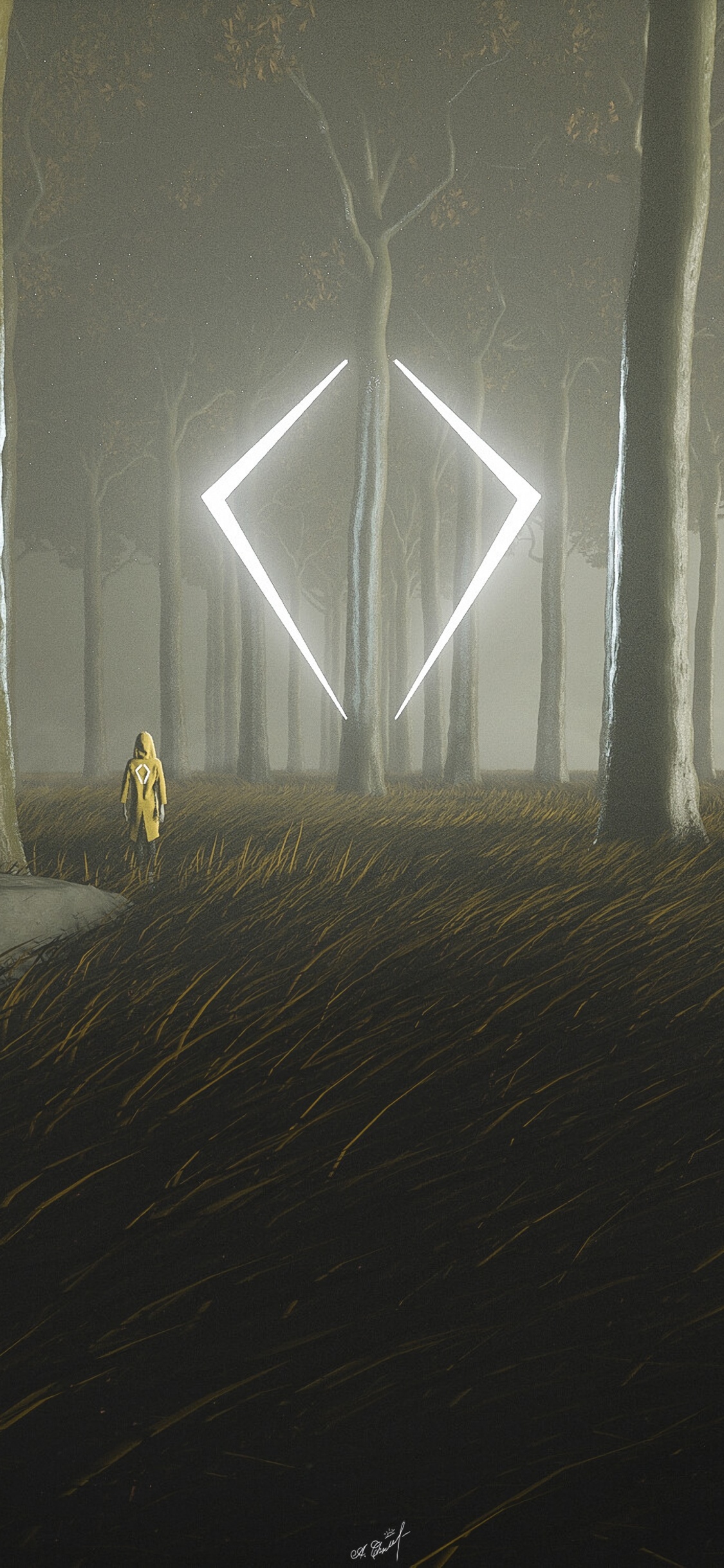 Person in Gelber Jacke, Die Tagsüber im Wald Steht. Wallpaper in 1125x2436 Resolution