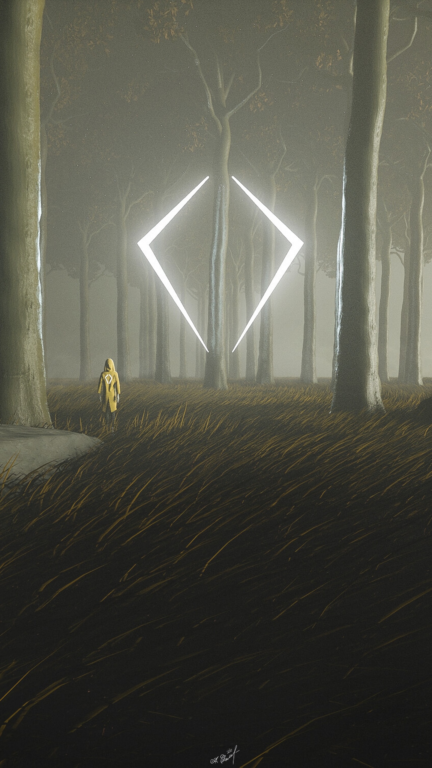 Person in Yellow Jacket Standing on Forest During Daytime. Wallpaper in 1440x2560 Resolution