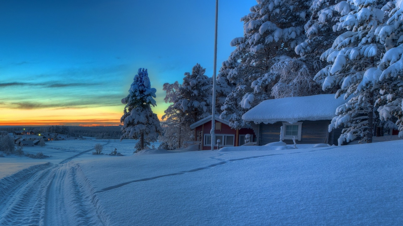 Maison en Bois Marron Près D'un Arbre Vert Recouvert de Neige Sous un Ciel Bleu Pendant la Journée. Wallpaper in 1280x720 Resolution