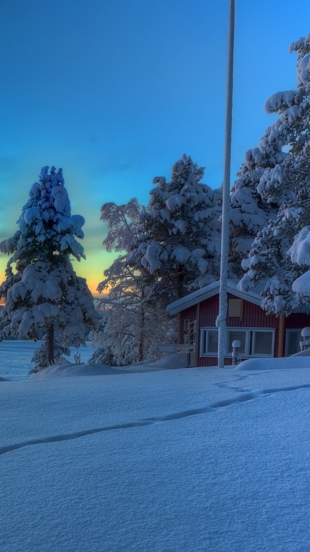 Braunes Holzhaus in Der Nähe Von Grünem Baum, Der Tagsüber Mit Schnee Unter Blauem Himmel Bedeckt Ist. Wallpaper in 1080x1920 Resolution