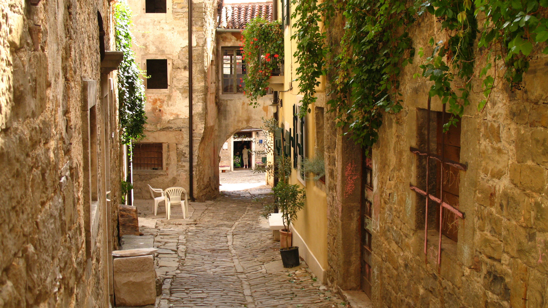 Chemin de Brique Brune Entre Les Maisons en Béton Brun Pendant la Journée. Wallpaper in 1920x1080 Resolution