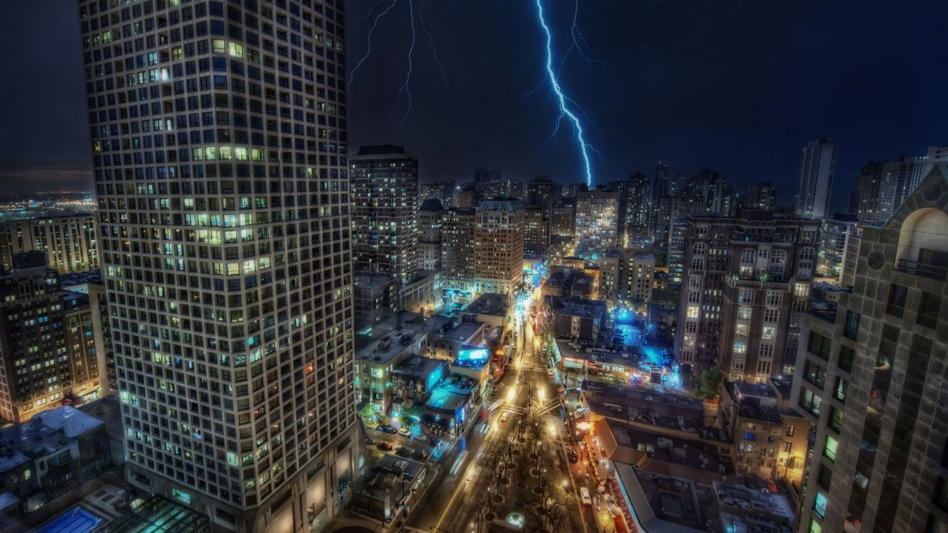 Aerial View of City Buildings During Night Time. Wallpaper in 1366x768 Resolution