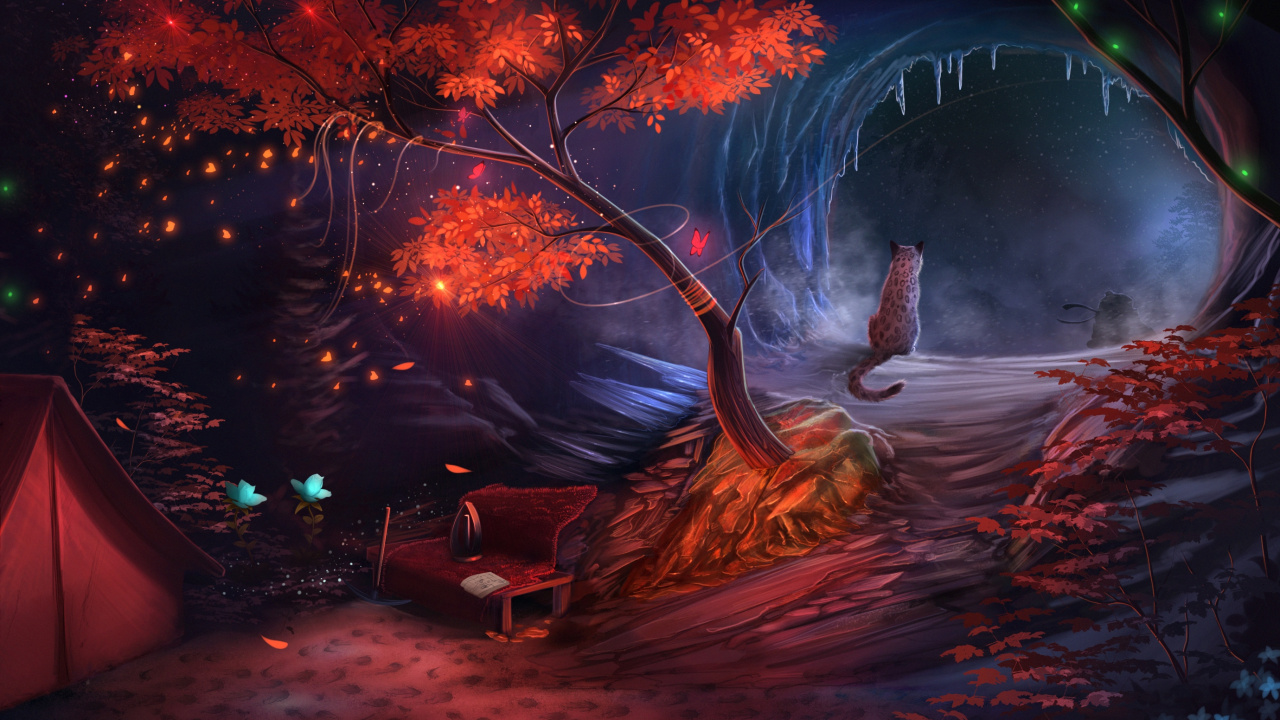 Brown Wooden Chair Near Tree With Lights. Wallpaper in 1280x720 Resolution