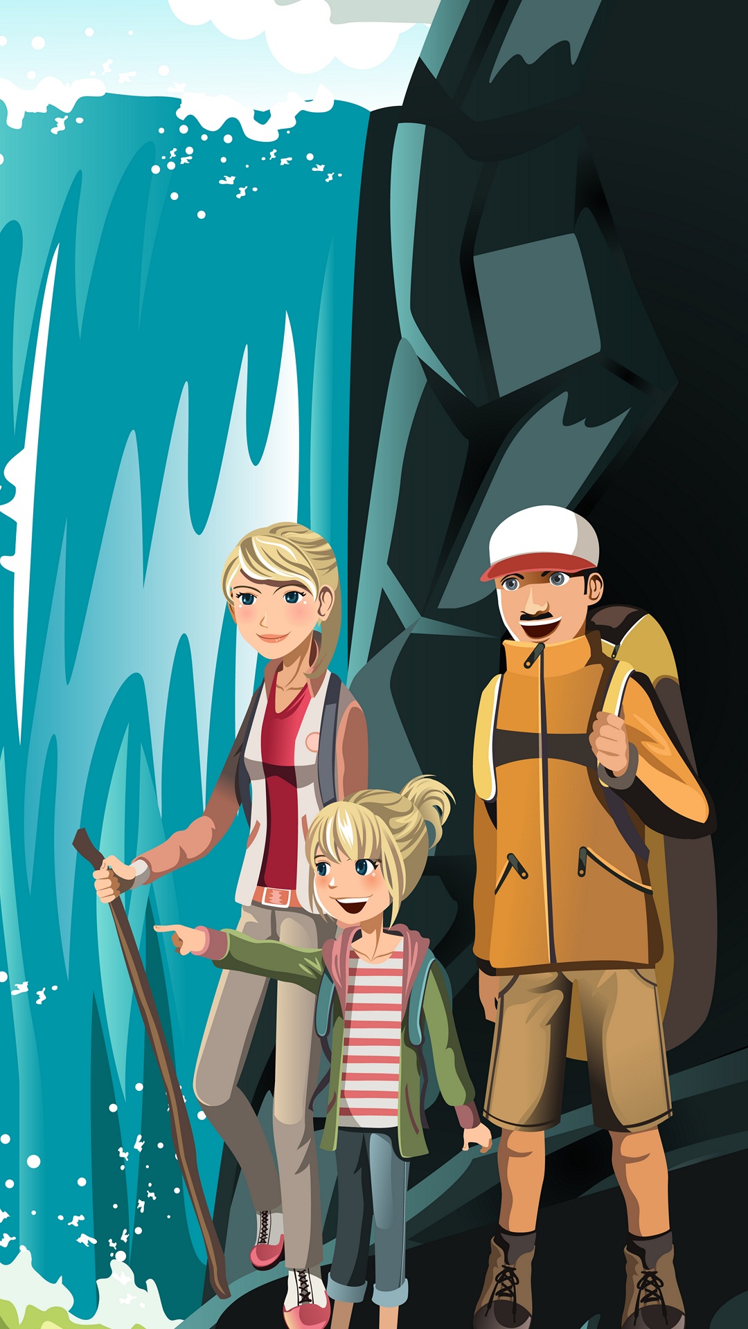 Hiking With Family Drawing, Hiking, Vector Graphics, Illustration, Drawing. Wallpaper in 1080x1920 Resolution