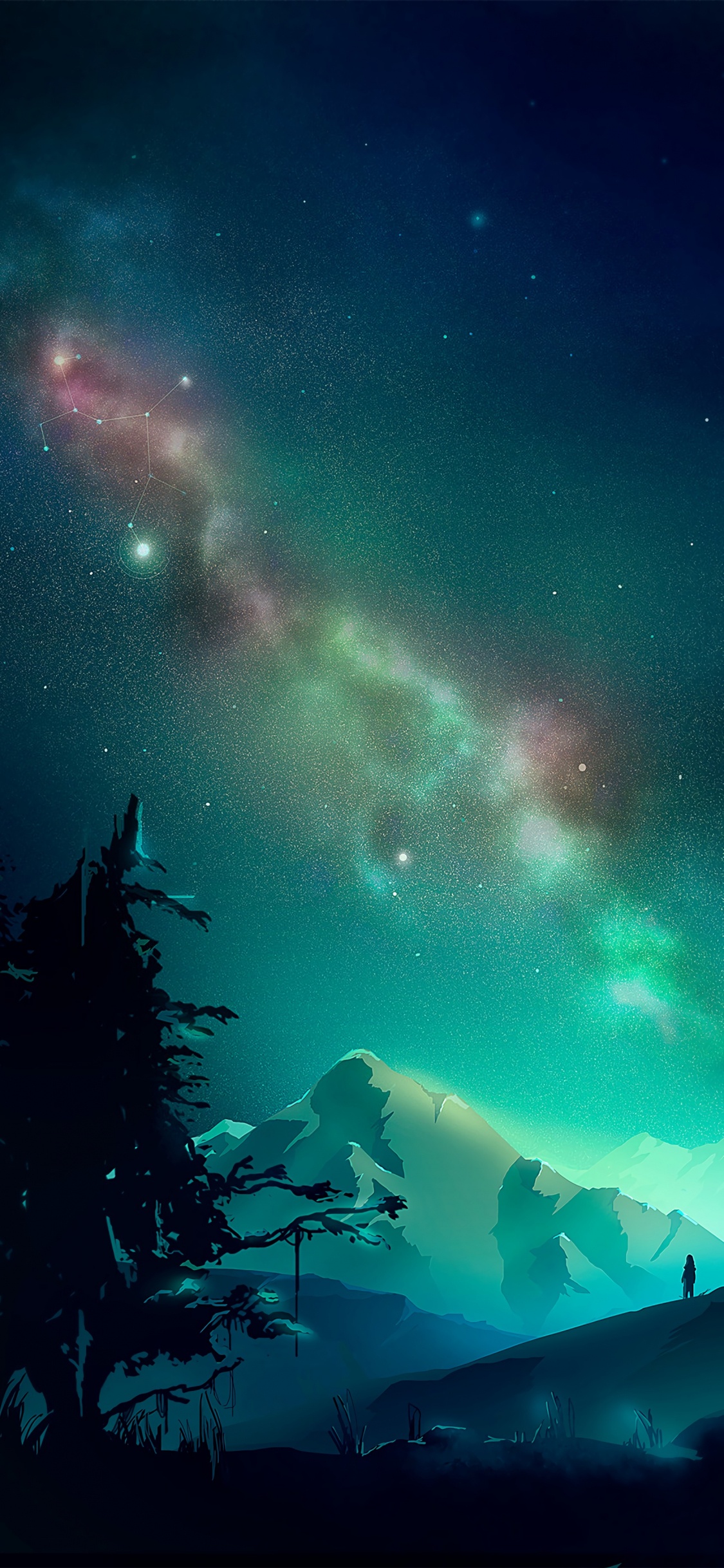 Silhouette of Trees Under Starry Night. Wallpaper in 1125x2436 Resolution