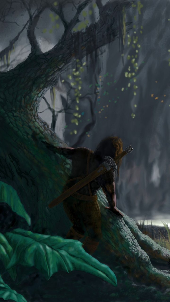 Frau im Schwarzen Kleid Sitzt Auf Einem Ast. Wallpaper in 720x1280 Resolution