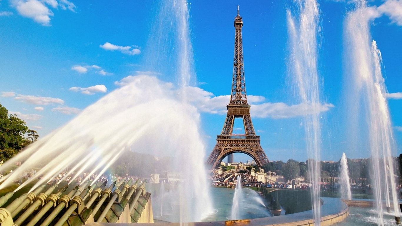 la Torre Eiffel, París Texas Torre Eiffel, Agua, Fuente, Naturaleza. Wallpaper in 1366x768 Resolution