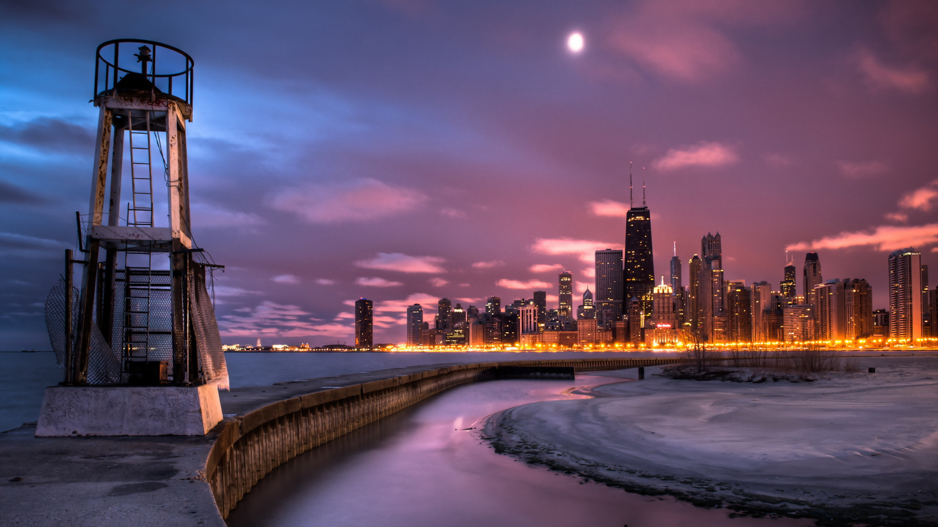 Body of Water Near City Buildings During Night Time. Wallpaper in 1920x1080 Resolution