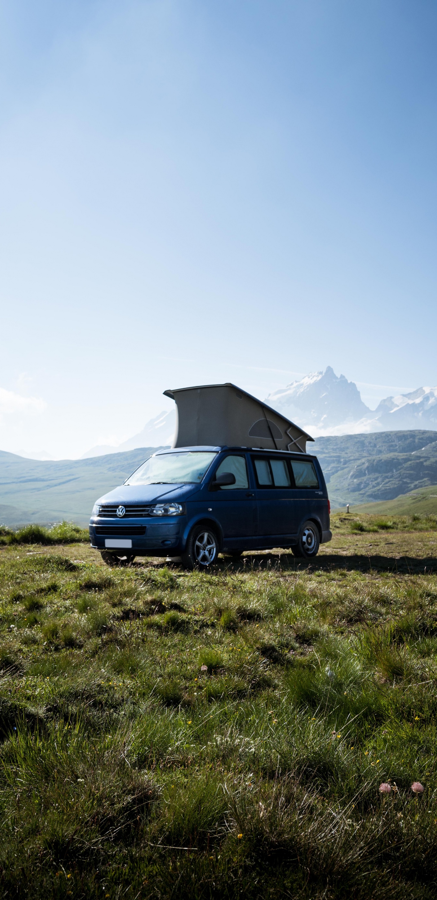 Suv Bleu Sur Champ D'herbe Verte Près de la Montagne Pendant la Journée. Wallpaper in 1440x2960 Resolution
