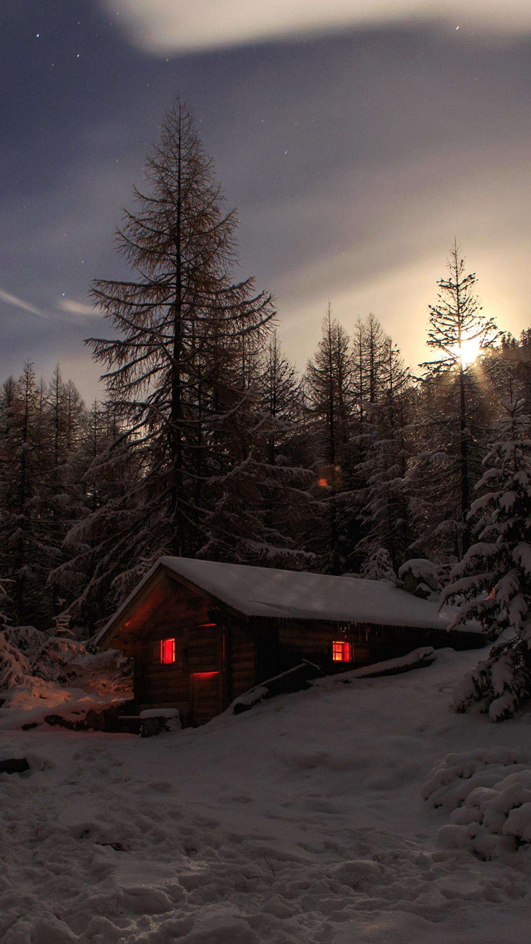 Braunes Holzhaus in Der Nähe Von Bäumen Unter Blauem Himmel Während Der Nacht. Wallpaper in 1080x1920 Resolution