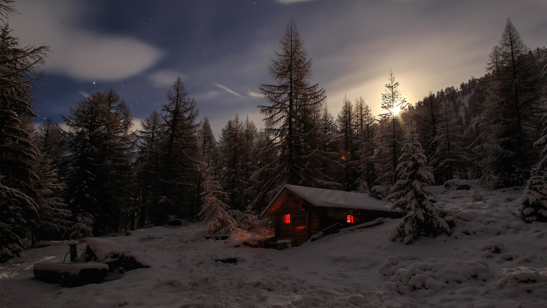 Brown Wooden House Near Trees Under Blue Sky During Night Time. Wallpaper in 1920x1080 Resolution