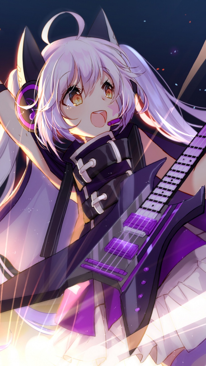 Personnage D'anime Féminin Aux Cheveux Blancs Jouant de la Guitare. Wallpaper in 720x1280 Resolution