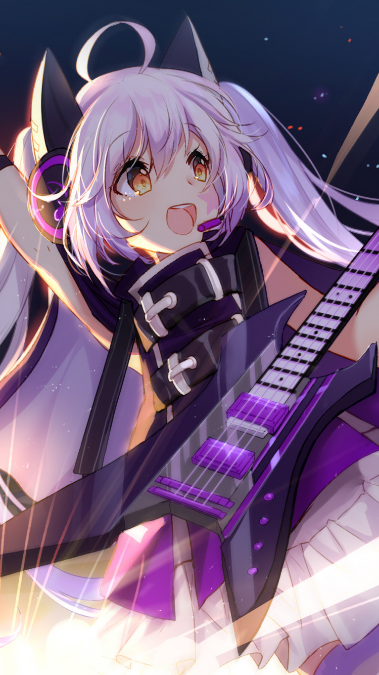 White Haired Female Anime Character Playing Guitar. Wallpaper in 750x1334 Resolution