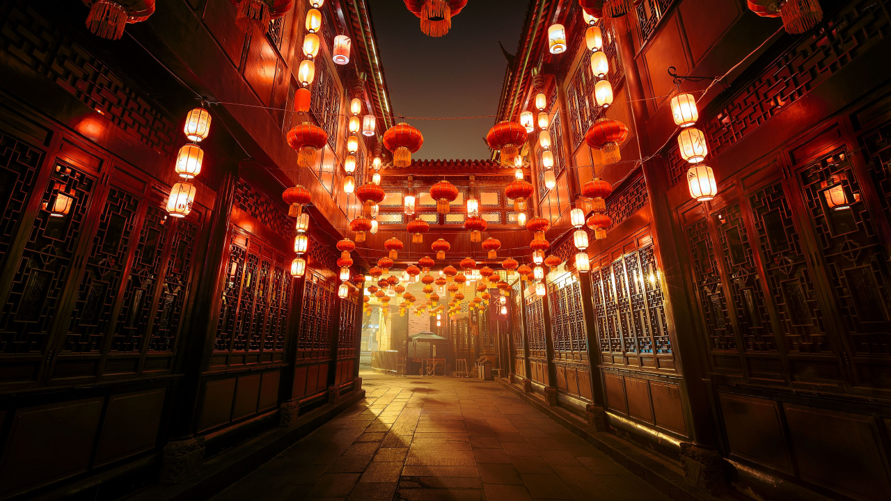 Red and White Pendant Lamps Turned on in Building. Wallpaper in 1280x720 Resolution